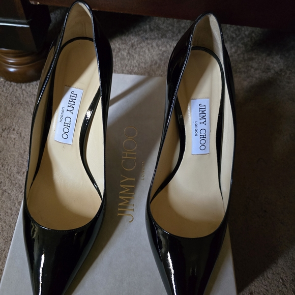 Romy 100 Jimmy Choo Glossy Black Heels - Picture 1 of 14